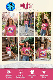 Flowers - Ladies - BF - T-Shirt 100% combed ring-spun cotton jersey in pink with vibrant floral graphic, styled casually for women.