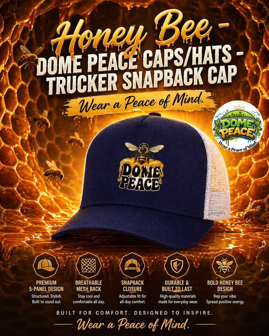 Honey Bee - Dome Peace Caps/Hats - Trucker Snapback Cap