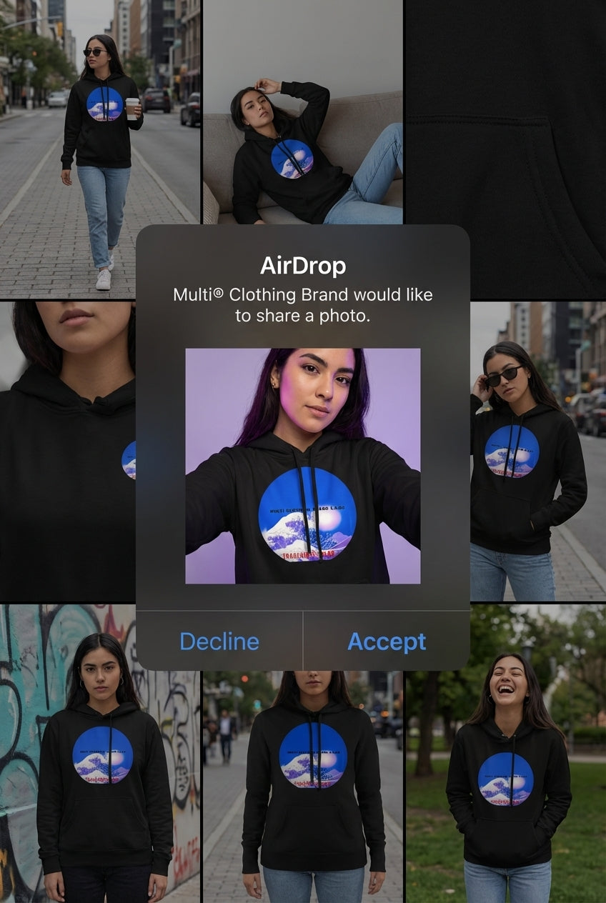 Purple Ocean - Ladies Pullover 65/35 ring spun combed Hoodie in black with ocean graphic, worn by diverse women in urban and studio settings.