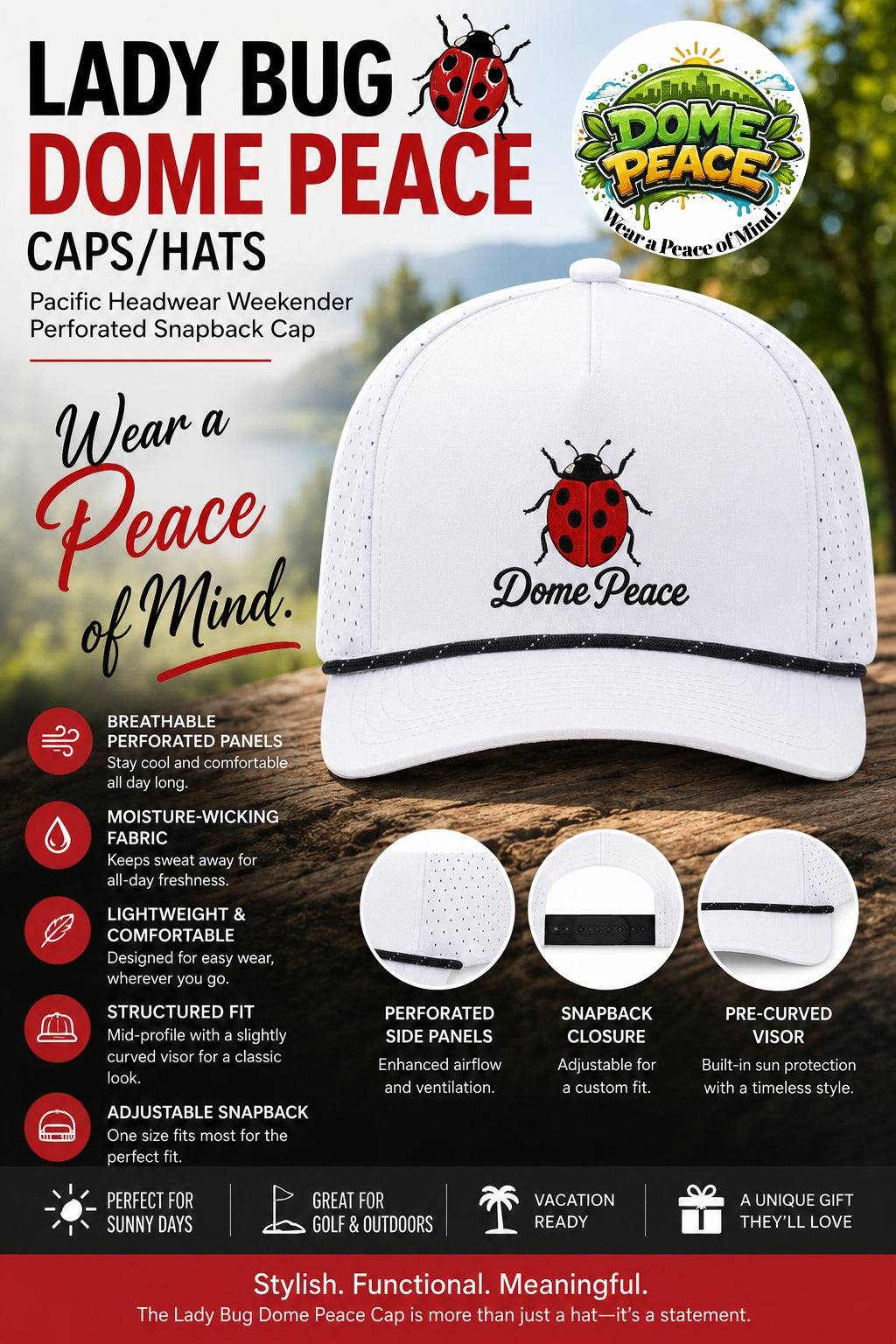Lady Bug Dome Peace Cap with breathable perforated panels