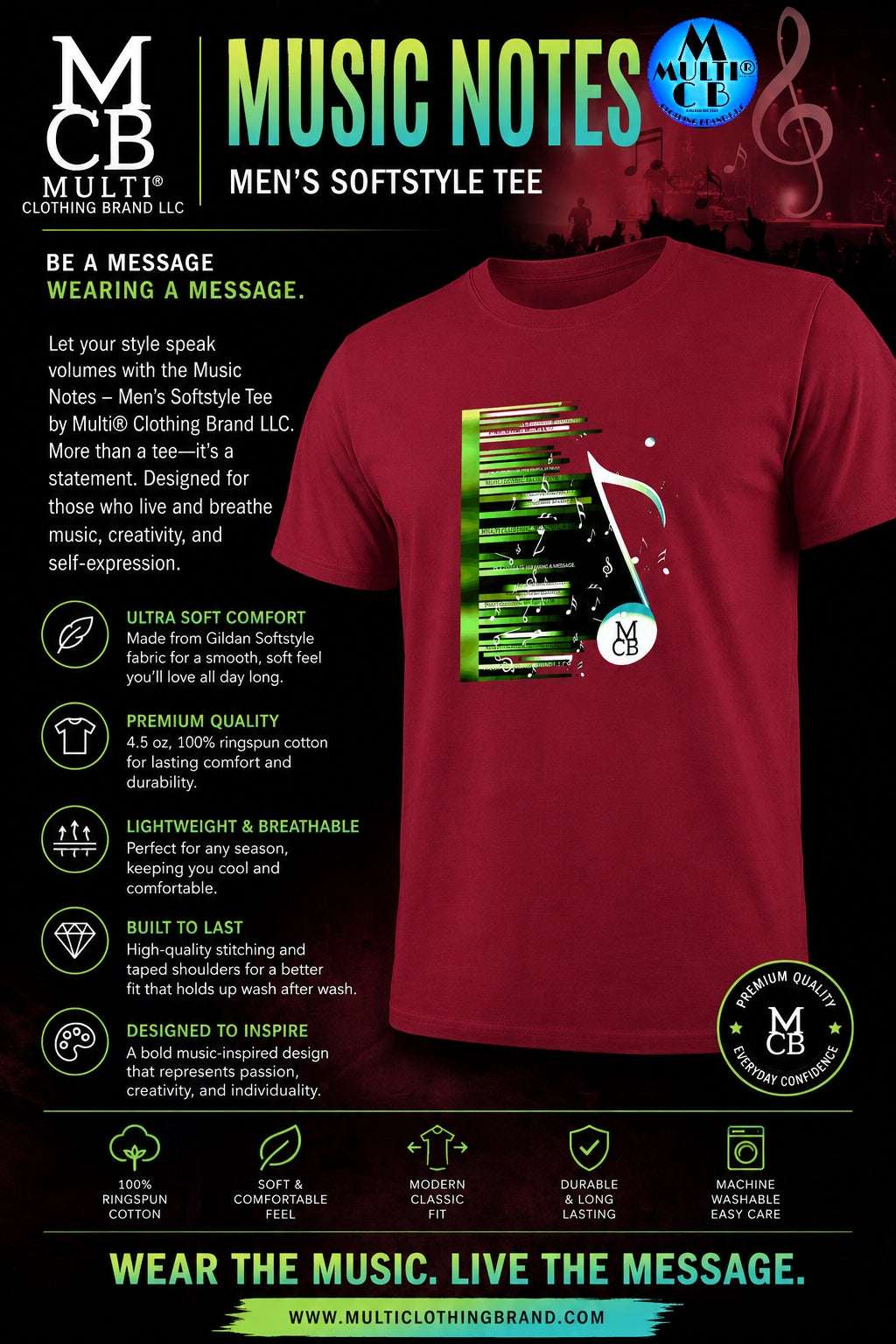 Red men's softstyle T-shirt featuring a vibrant music notes and piano keyboard graphic with a musical note and Multi logo, casual wear