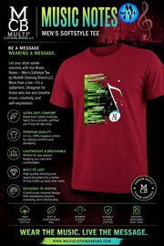 Red men's softstyle T-shirt featuring a vibrant music notes and piano keyboard graphic with a musical note and Multi logo, casual wear