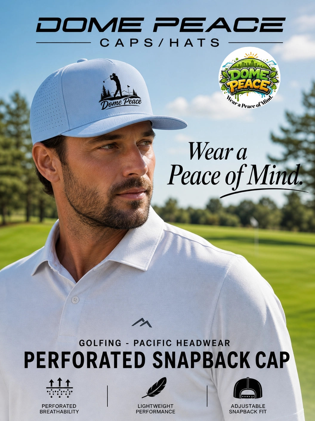 Pacific Headwear perforated snapback cap for golf, breathable and adjustable