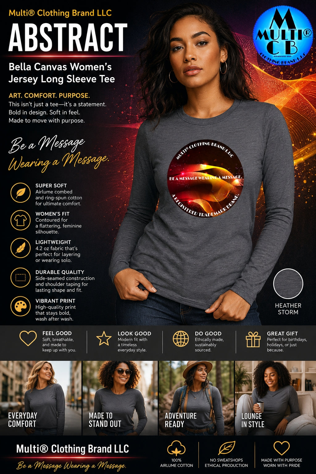 Heather storm-colored long sleeve women's jersey tee with abstract logo design, soft cotton fabric, fitted silhouette, SKU: 2042-18999-108956756-86734