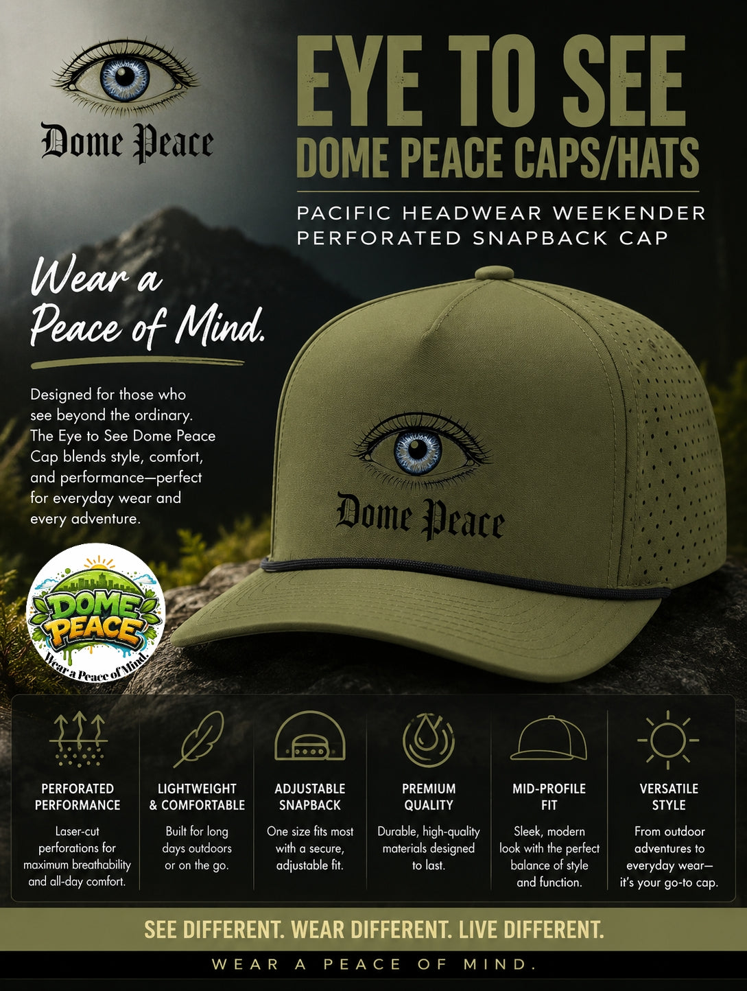 Dome Peace perforated snapback cap with eye logo and peace text
