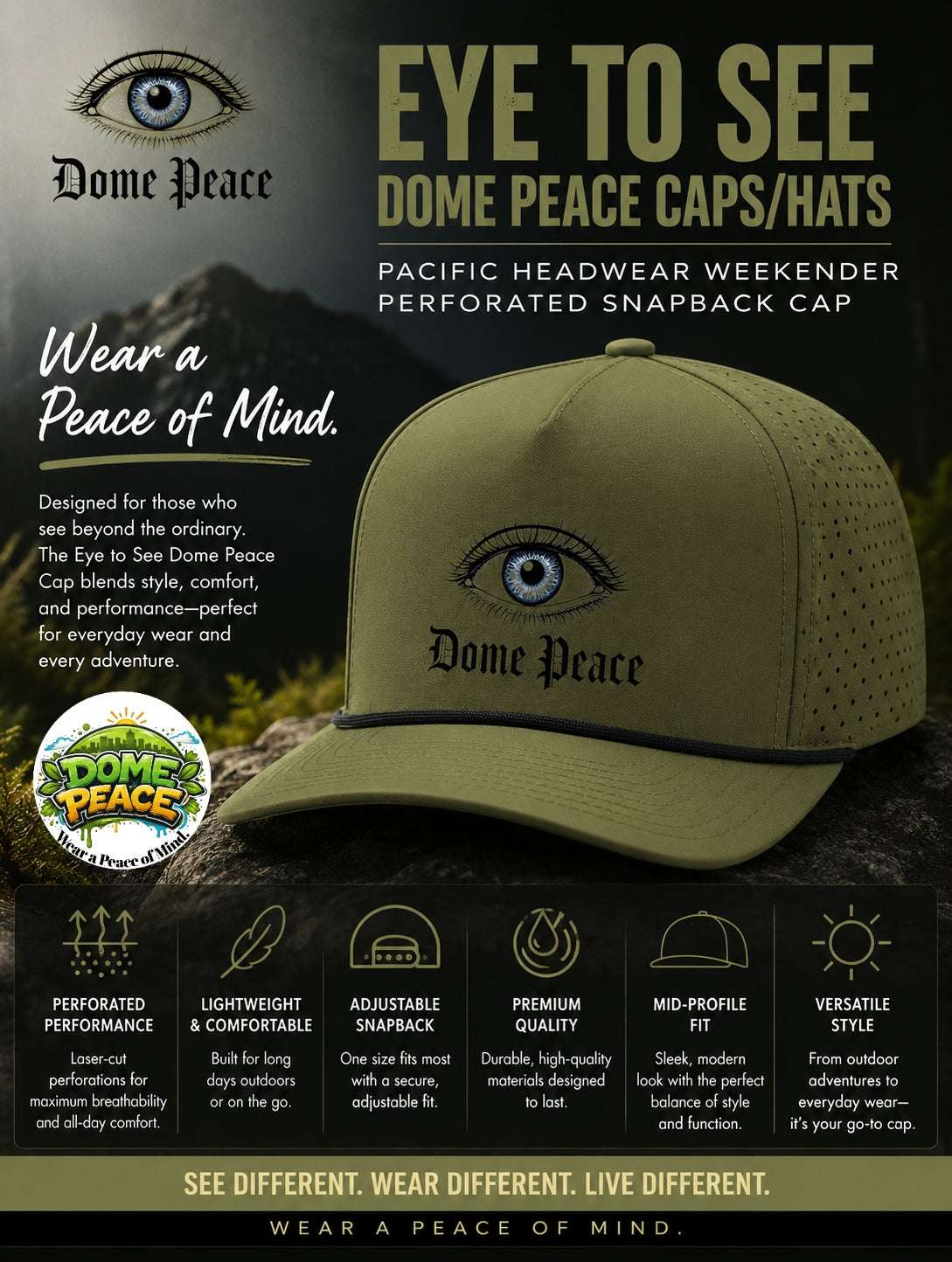Dome Peace perforated snapback cap with eye logo and peace text