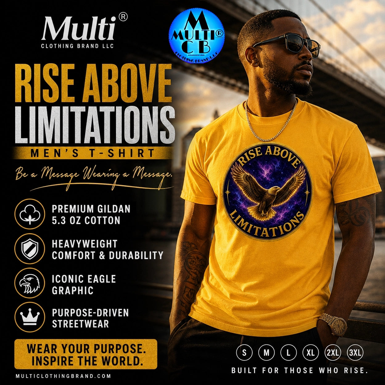 Rise Above Limitations men's yellow graphic t-shirt with eagle design