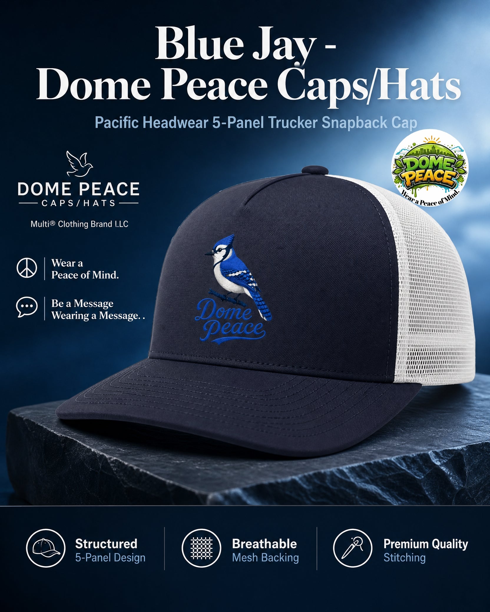 Blue Jay Dome Peace 5-Panel Trucker Snapback Hat with embroidered bird logo