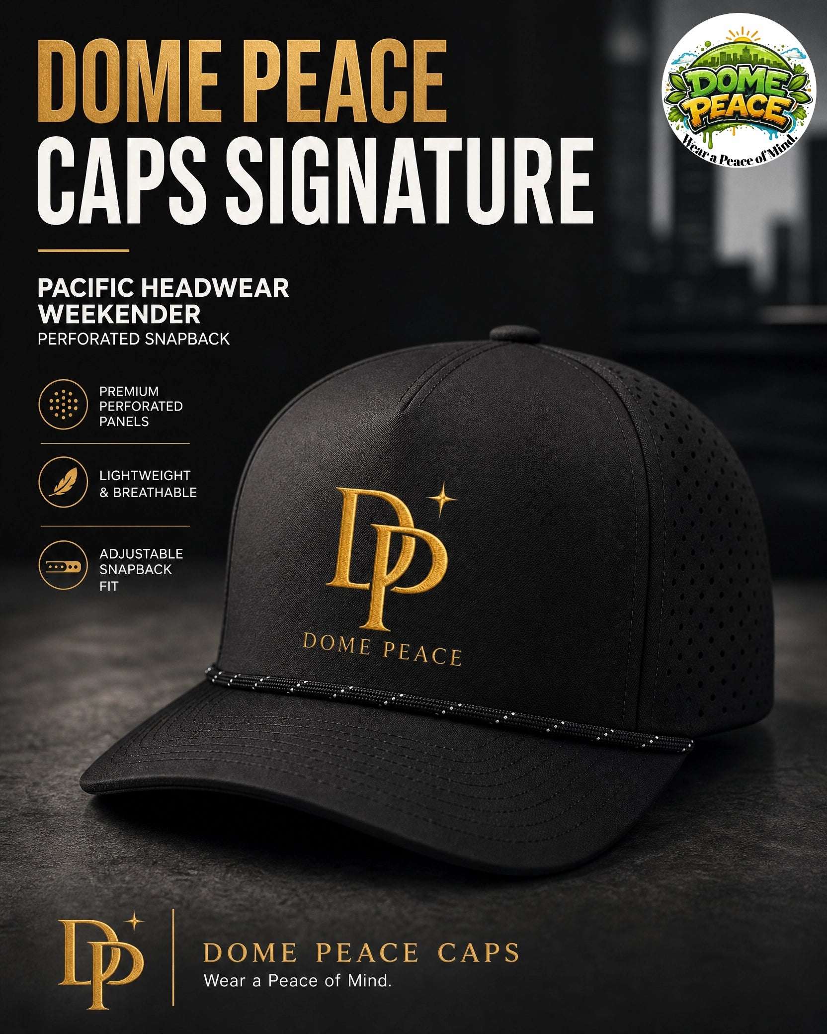 Black snapback hat with gold embroidered logo, perforated panels for breathability, and adjustable snapback fit, featuring Dome Peace branding