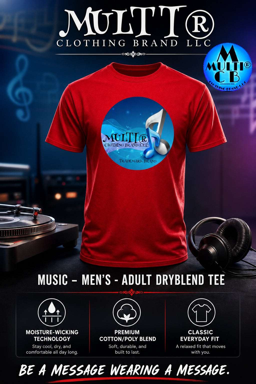 Red men's T-shirt featuring a blue circular logo with musical notes, 'Multi' branding, and a graphic design for music lovers