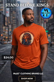 Stand Before Kings Men's T-Shirt 3.8-ounce, 100% vintage cotton in burnt orange with Pharaoh graphic and bold text, modeled in urban setting.