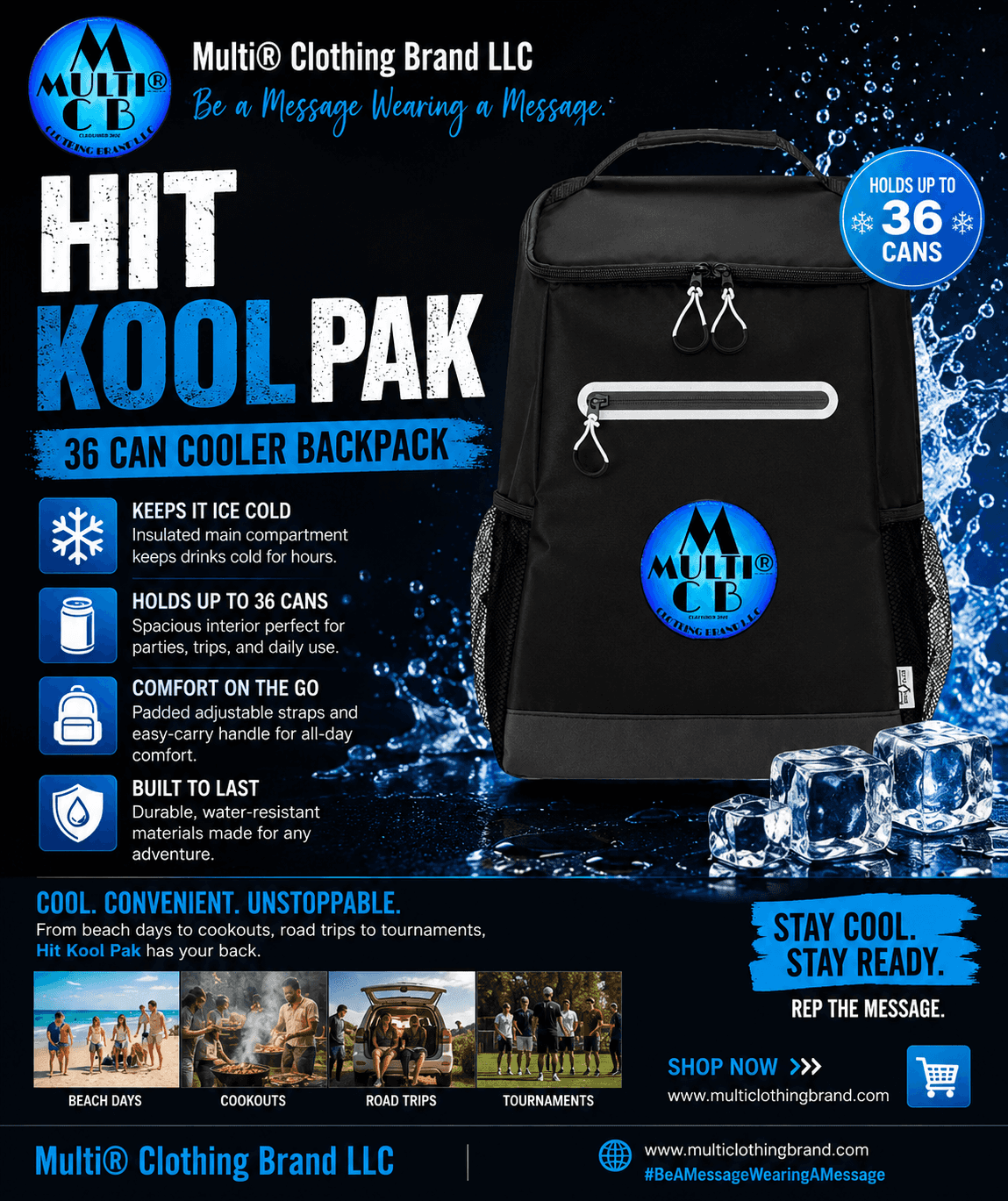 Black insulated cooler backpack with front zipper pocket, padded straps, and Multi® logo, designed to hold up to 36 cans for outdoor use