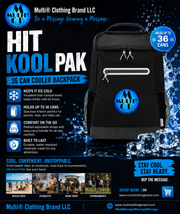 Black insulated cooler backpack with front zipper pocket, padded straps, and Multi® logo, designed to hold up to 36 cans for outdoor use