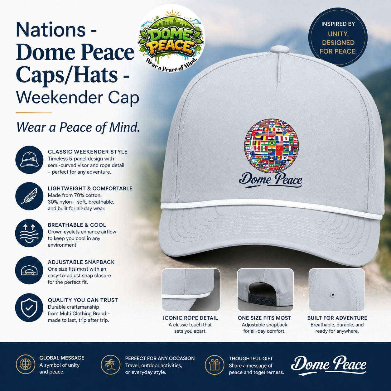 Nations Dome Peace Cap with globe logo