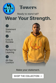 Towers - Men's G185 Gildan Pullover Hoodie by Multi Clothing Brand LLC in mustard yellow with bold graphic design. Cozy, durable, and ideal for layering.