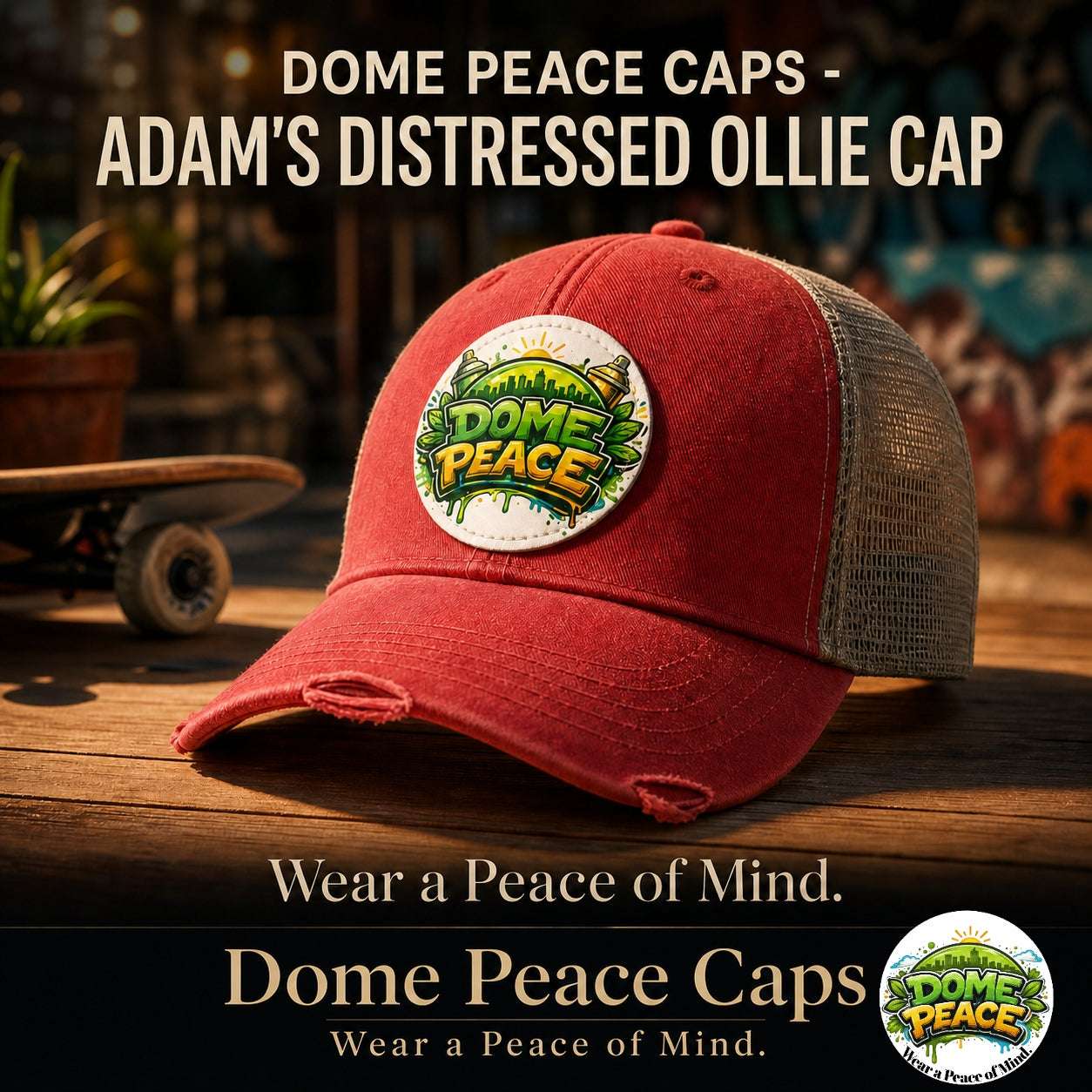 Red distressed trucker hat with mesh back and patch featuring Dome Peace logo, casual streetwear accessory for men and women
