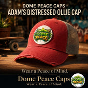 Red distressed trucker hat with mesh back and patch featuring Dome Peace logo, casual streetwear accessory for men and women
