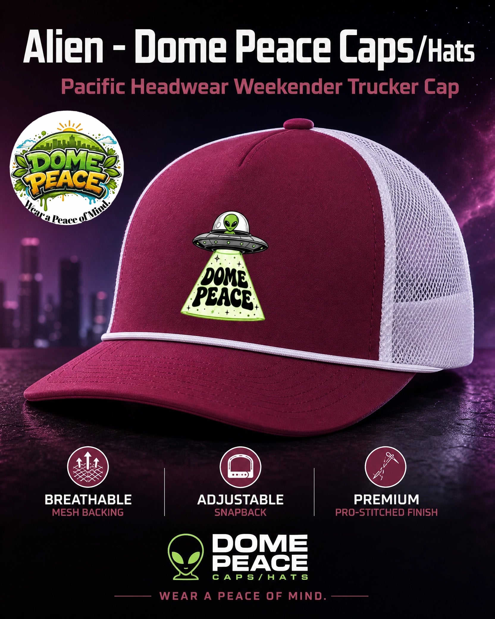 Dome Peace Trucker Cap logo with alien and spaceship design