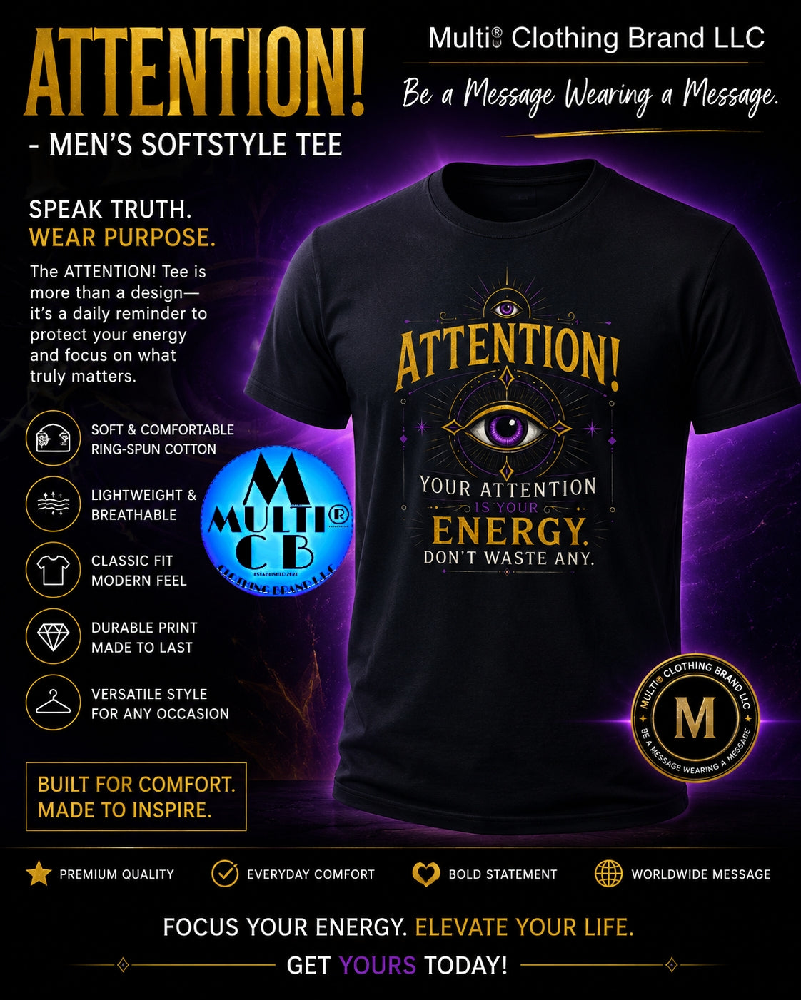 Black men's softstyle T-shirt with bold gold and purple graphic design featuring an eye and motivational message, made of ring-spun cotton