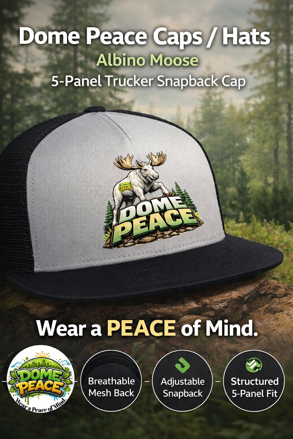 Dome Peace Caps Albino Moose logo trucker hat