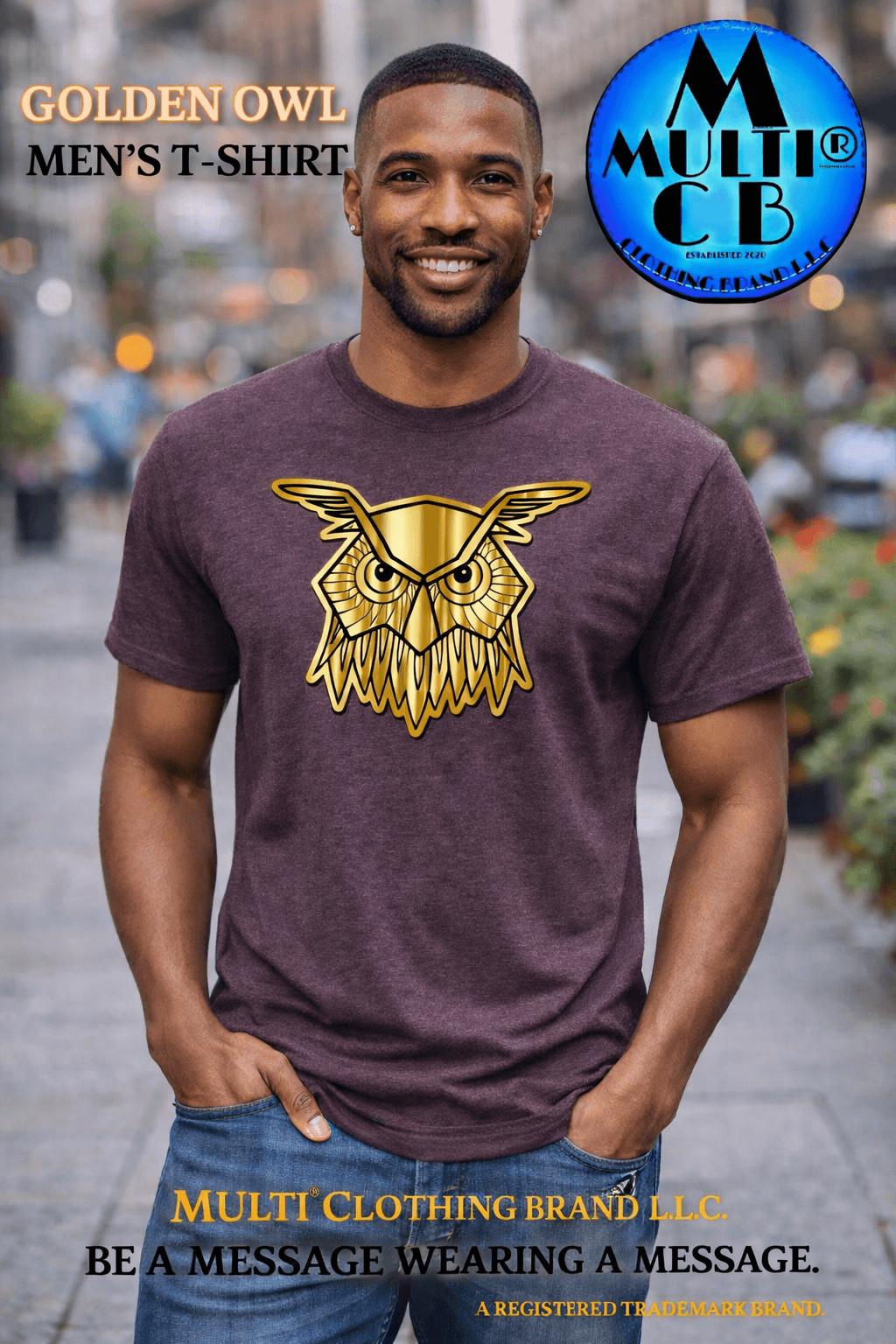 Golden Owl - Men's T-Shirt in soft tri-blend fabric featuring a bold gold owl graphic on a vintage-style heather maroon tee. Stylish short sleeve shirt from MULTI Clothing Brand.
