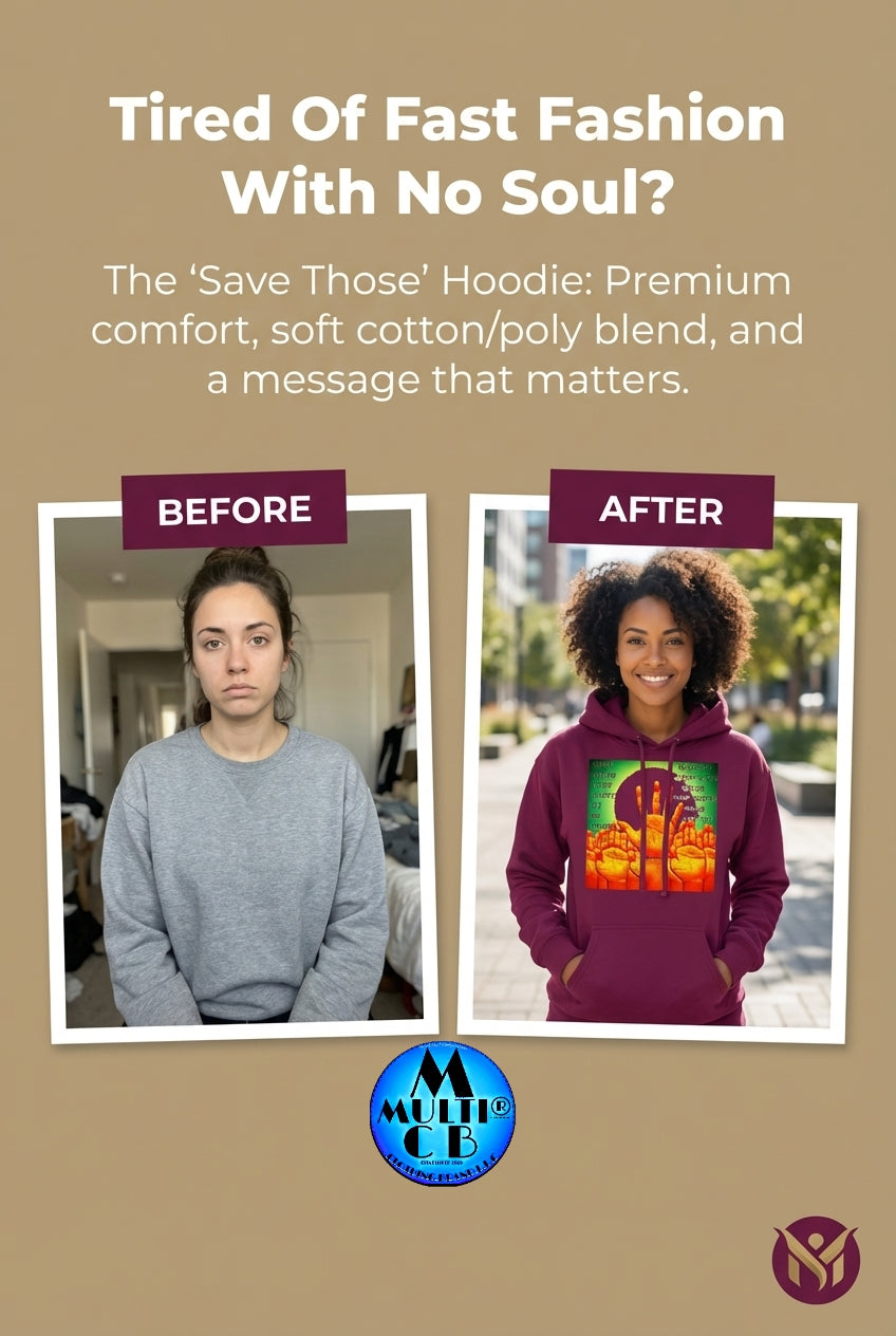 Before and after comparison of a woman wearing a plain sweatshirt versus the 'Save Those - Ladies 65/35 ring spun combed cotton/poly Pullover Hoodie' with a vibrant graphic and message.