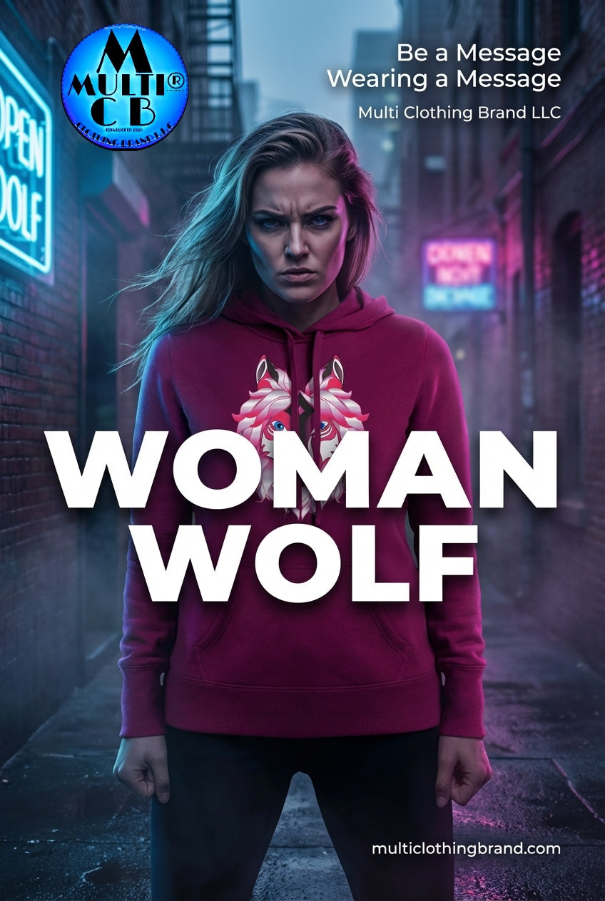 Woman Wolf - Ladies Pullover Hoodie in cotton/poly blend featuring a fierce wolf graphic. Stylish streetwear for women by Multi Clothing Brand LLC.