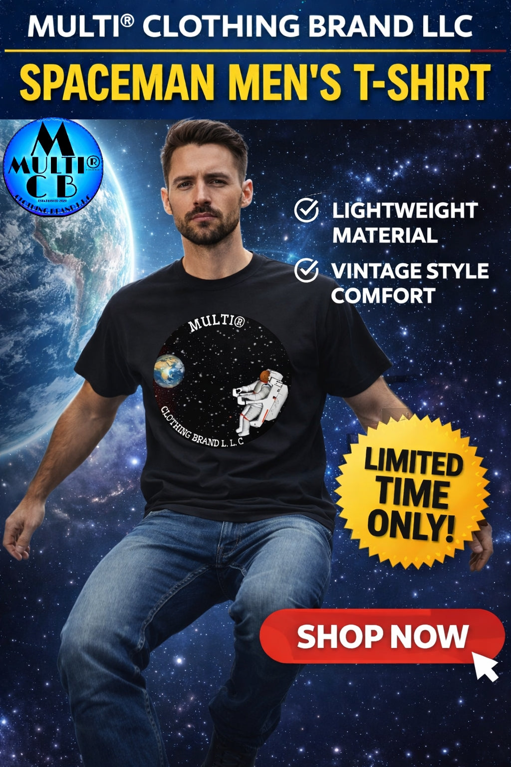 Spaceman - Men's Lightweight T-Shirt by Multi® Clothing Brand LLC featuring a vintage astronaut print, made from 100% combed ring spun cotton. Ideal for comfort and style with double-needle sleeves and hem.