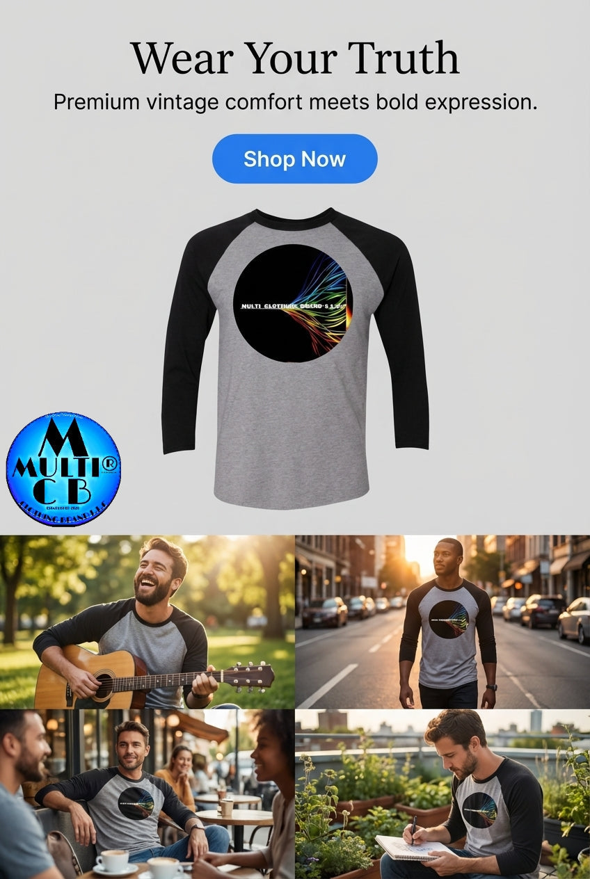 True Colors - Men's Premium 32 singles Tri-Blend Raglan T-Shirt in heather gray with black sleeves, featuring a bold circular graphic on chest.