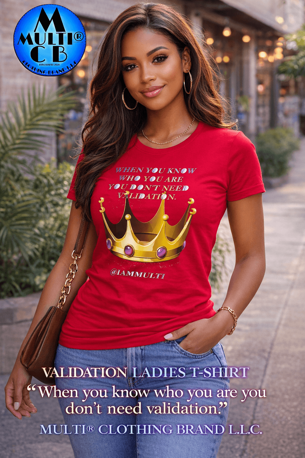 Validation - Ladies Boyfriend 100% combed ring-spun cotton T-Shirt in red with gold crown graphic and quote, worn by woman outdoors. Ideal for casual wear in Apparel & Accessories > Clothing > Shirts & Tops.