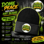 Black knit beanie hat with a folded cuff featuring a colorful Dome Peace logo patch, made of acrylic, versatile for streetwear style