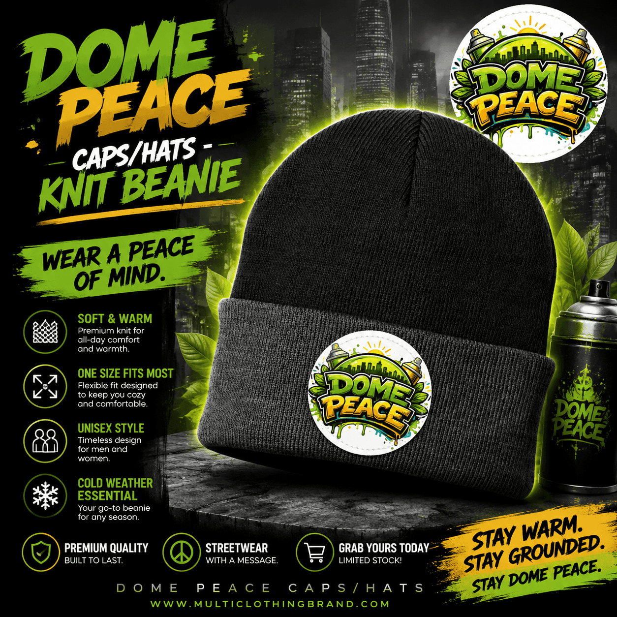 Black knit beanie hat with a folded cuff featuring a colorful Dome Peace logo patch, made of acrylic, versatile for streetwear style