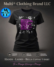 Black Bella Canvas T-Shirt with white and pink text and handprint design