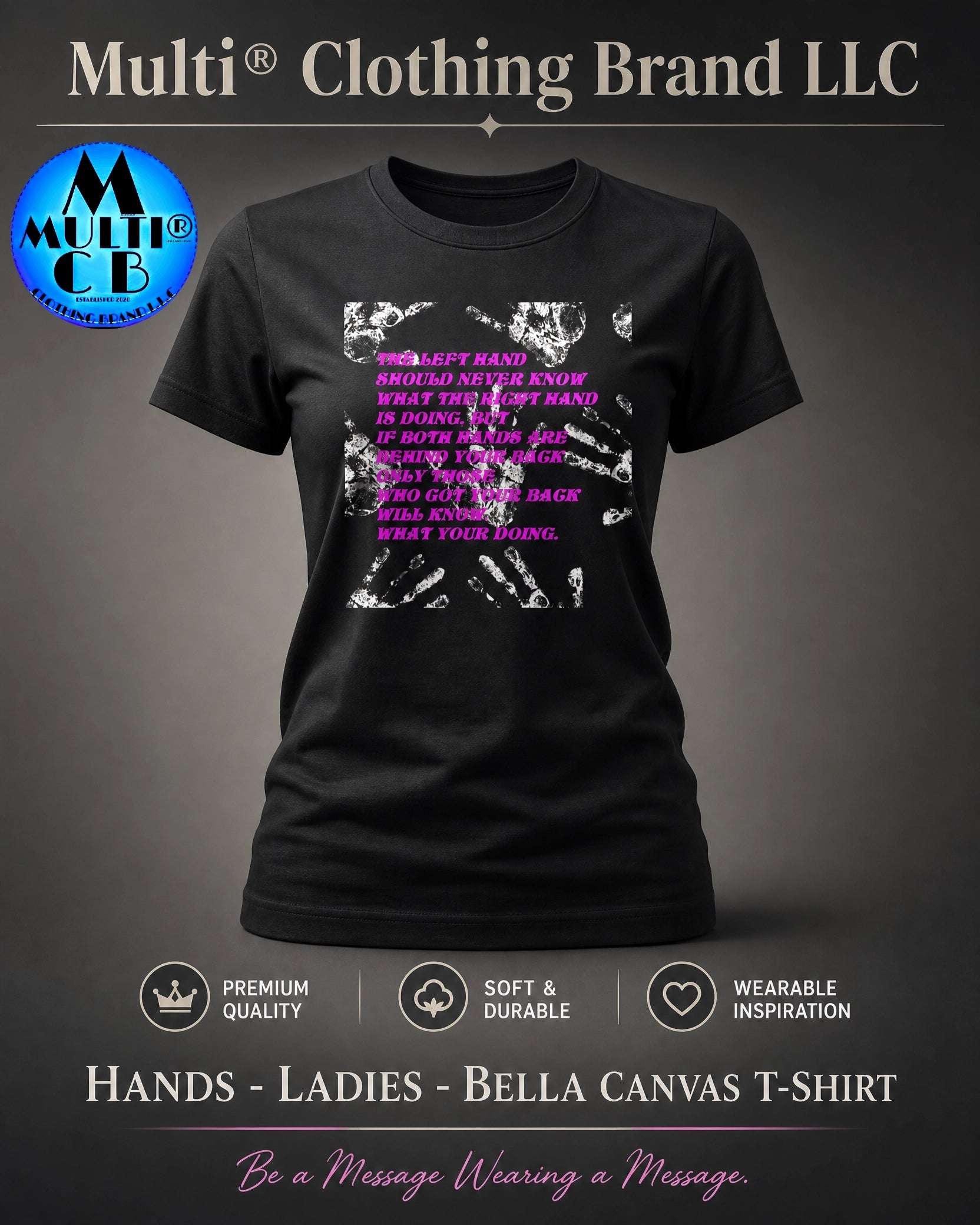 Black Bella Canvas T-Shirt with white and pink text and handprint design