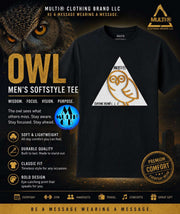 Black men's softstyle T-shirt featuring a white triangle graphic with a gold owl outline, comfortable casual wear, SKU: 1045-18106-109002226-83231