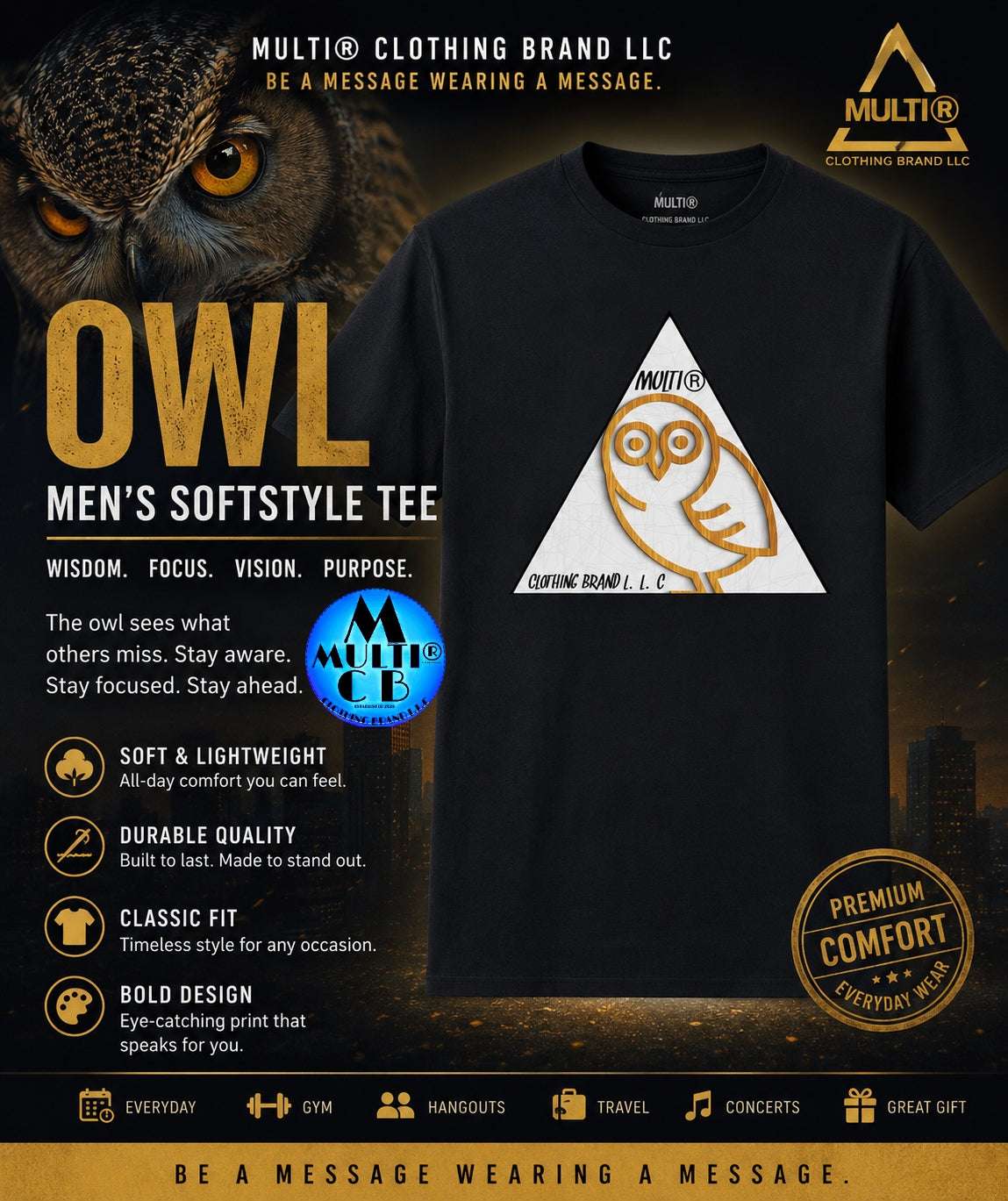 Black men's softstyle T-shirt featuring a white triangle graphic with a gold owl outline, comfortable casual wear, SKU: 1045-18106-109002226-83231