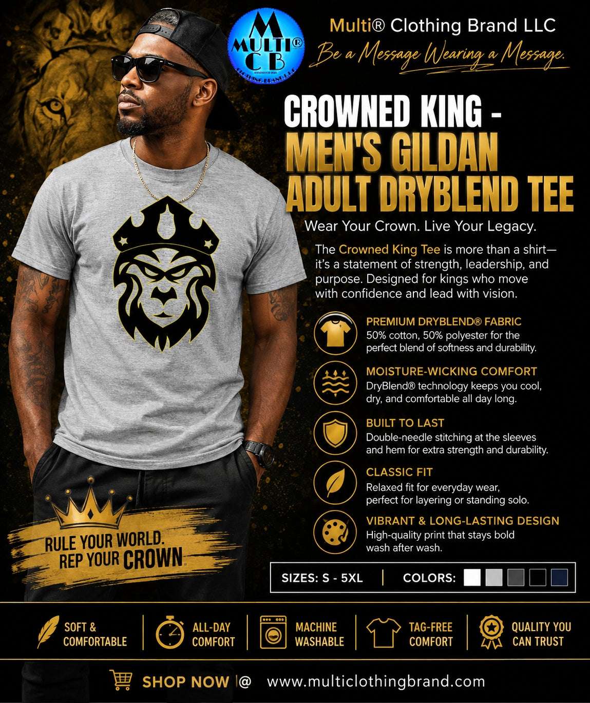 Gray men's Gildan DryBlend T-shirt with bold black lion and crown graphic, short sleeves, casual streetwear style, SKU: 2047-19021-109111779-86860