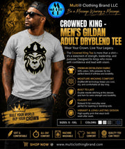 Gray men's Gildan DryBlend T-shirt with bold black lion and crown graphic, short sleeves, casual streetwear style, SKU: 2047-19021-109111779-86860