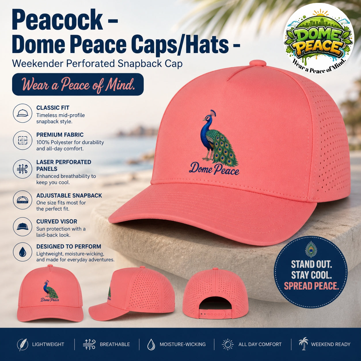 Peacock Snapback Performance Hats - Dome Peace Caps/Hats