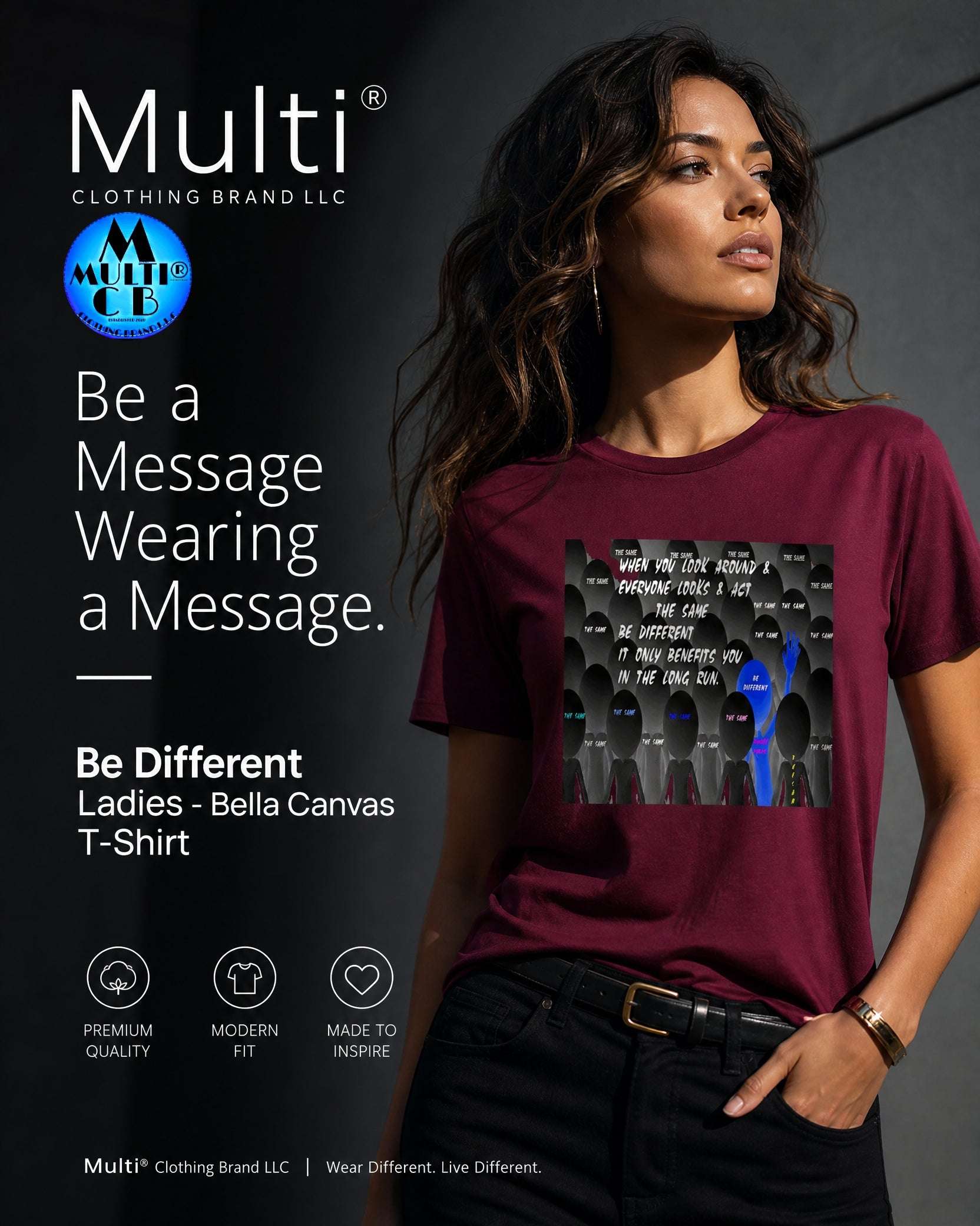 Close-up of a woman wearing a maroon Bella Canvas short-sleeve T-shirt with a graphic message, dark background, and stylish accessories