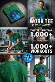 Men's Premium SS T-Shirt by Multi Clothing Brand LLC in green with blue graphic print, folded neatly showcasing soft cotton fabric.