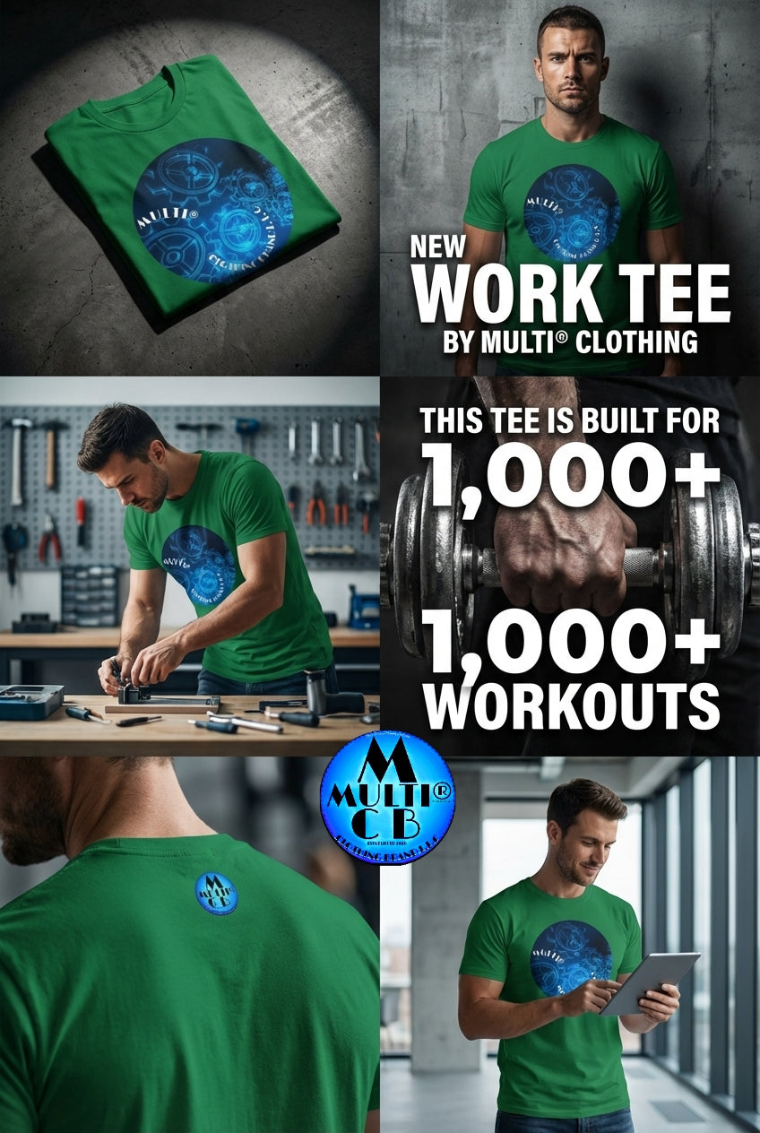 Men's Premium SS T-Shirt by Multi Clothing Brand LLC in green with blue graphic print, folded neatly showcasing soft cotton fabric.