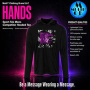 Black hooded pullover with graphic message on front, moisture-wicking performance fabric, ideal for active men, SKU: 1755-17370-109091329-80358