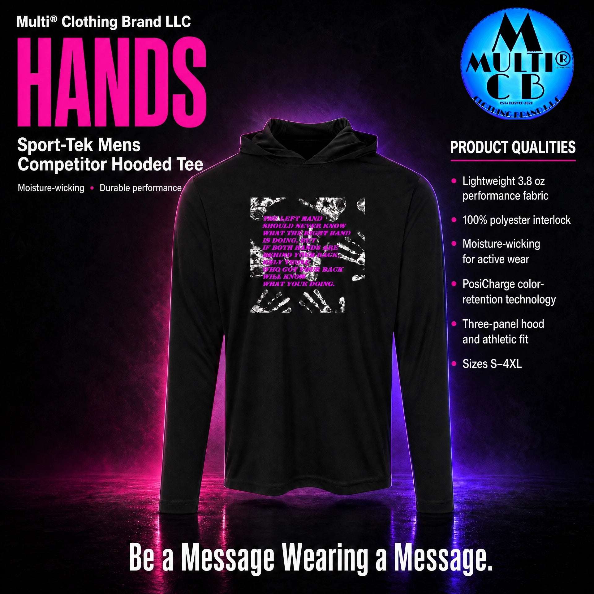 Black hooded pullover with graphic message on front, moisture-wicking performance fabric, ideal for active men, SKU: 1755-17370-109091329-80358