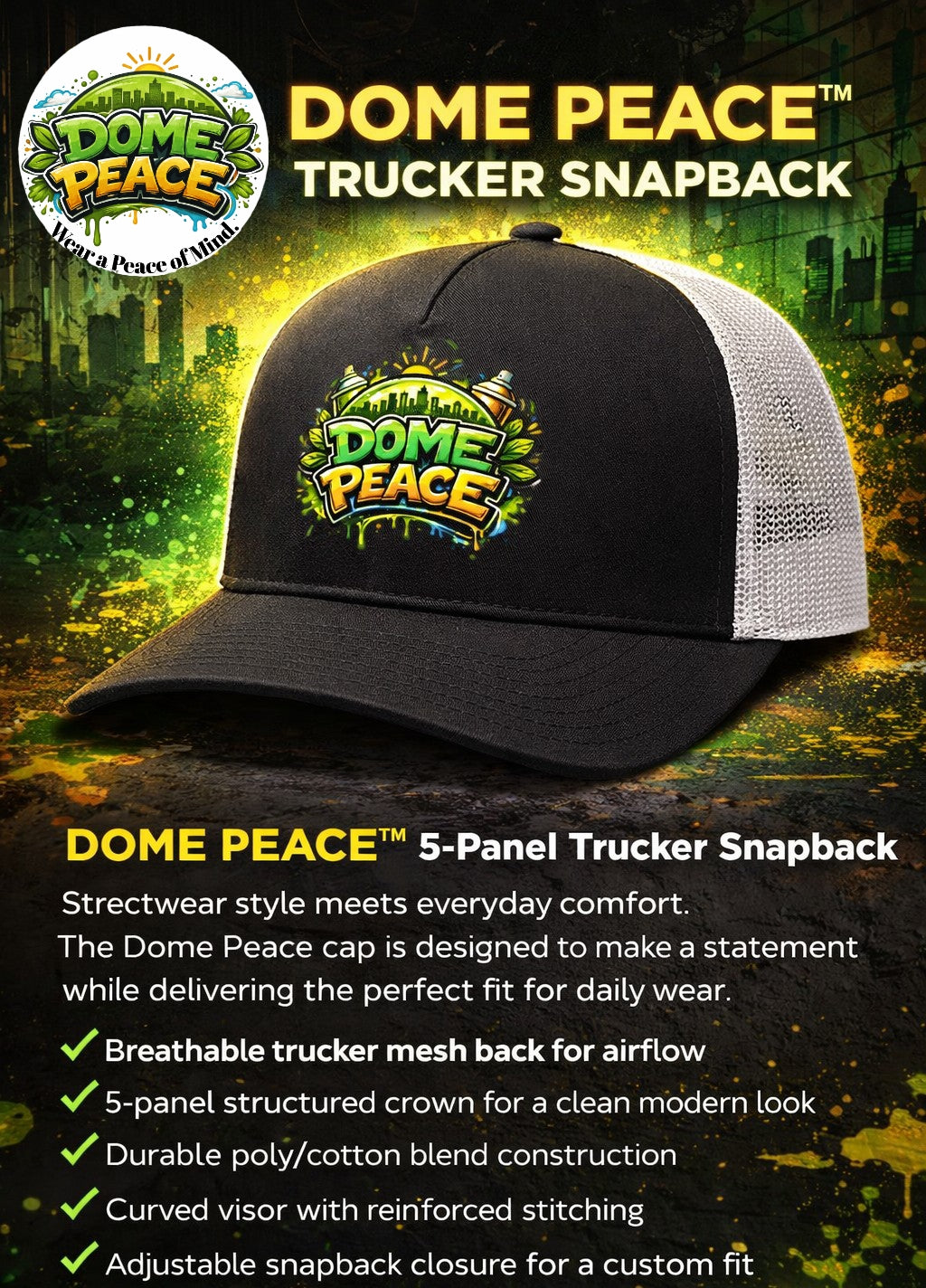 Dome Peace Caps- 105C 5-Panel Trucker Snapback Cap
