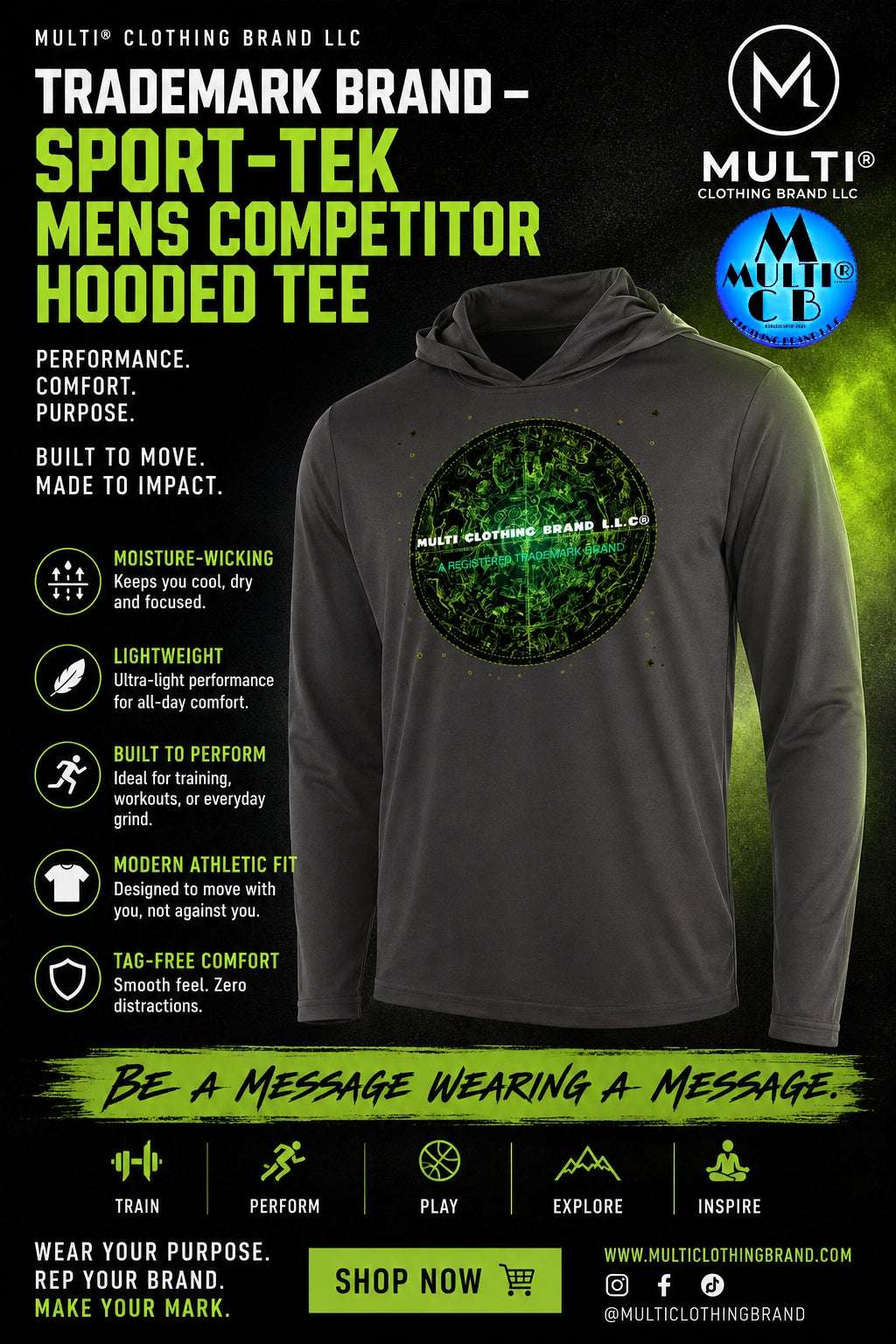 Black hooded pullover shirt for men with green graphic logo, lightweight moisture-wicking fabric, ideal for sports and training