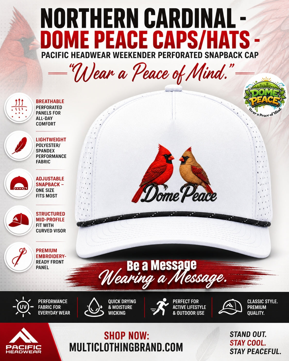 Northern Cardinal Weekender perforated snapback cap with embroidered cardinals and Dome Peace logo
