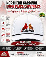 Northern Cardinal Weekender perforated snapback cap with embroidered cardinals and Dome Peace logo