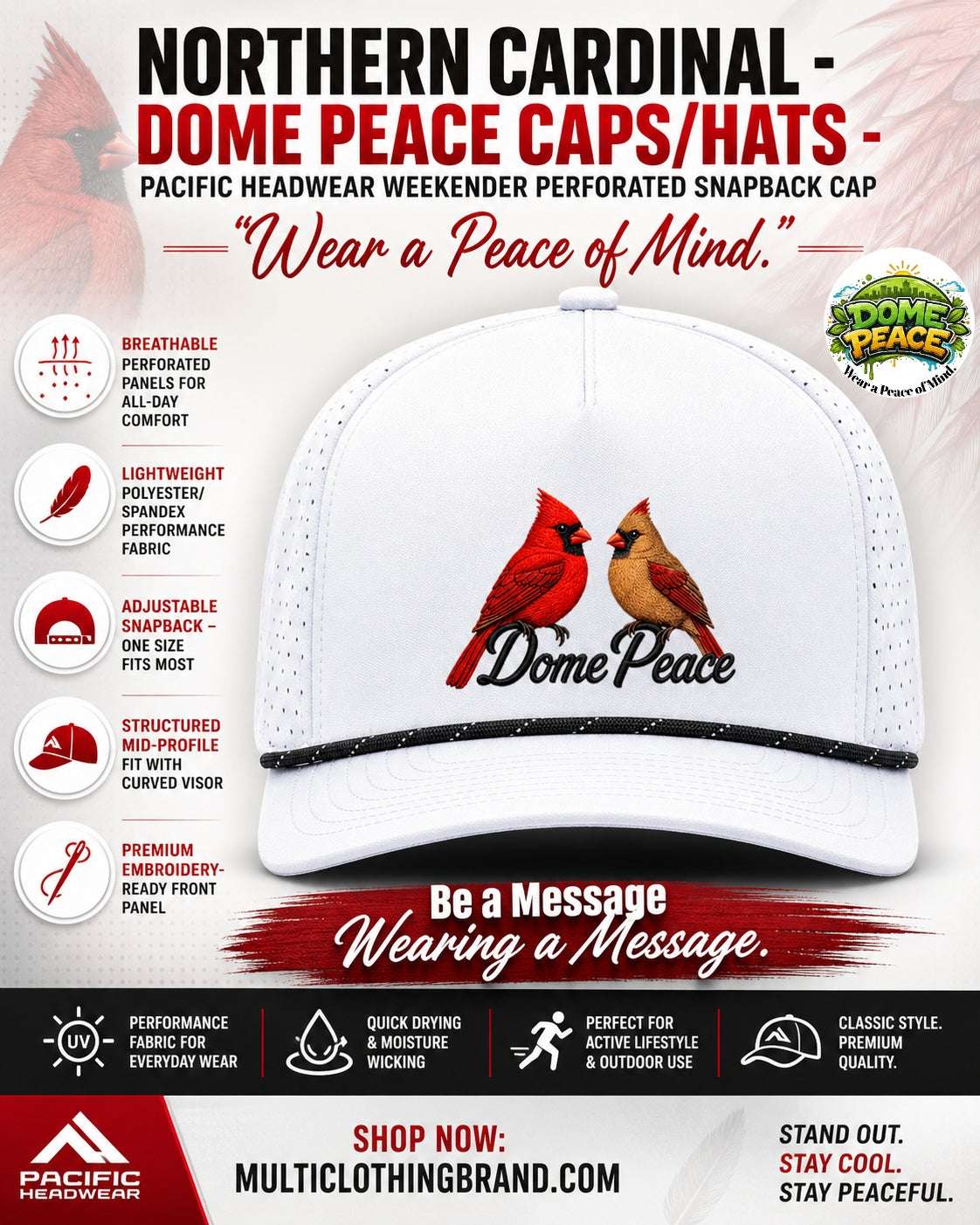 Northern Cardinal Weekender perforated snapback cap with embroidered cardinals and Dome Peace logo