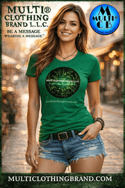 Trademark Brand - Ladies T-Shirt 100% combed ring-spun cotton jersey in green with circular forest-themed logo, styled with denim shorts. Soft vintage fit ideal for casual wear.